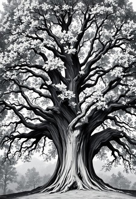 Raw photo, ((best quality)), 8k, high texture resolution, dense crown of an ash tree,  ancient, old tree,  a fantastic landscape surrounds this tree, ((masterpiece)),  <lora:aidmaFLuxPro1.1_v0.3:1> aidmafluxpro1.1,  <lora:aidmaHyperrealismv0.3:1> aidmaHyperrealism
<lora:tbh124-sdxl:0.15> style of Jean-Antoine Watteau,
<lora:tbh129-sdxl:0.15> style of Michael Cheval,
<lora:Sinozick:0.15>,
<lora:add-detail-xl:0.7>,
<lora:aidmaMJ6.1_v0.5_2:0.3> aidmamj6.1,
<lora:Flux-XL_Scenery:0.15> flux-scenery,
<lora:Flux-style-xl-lora:0.15> flux-style,
<lora:FLUX-daubrez-DB4RZ-v2:0.35> DB4RZ, DB4RZ style painting <lora:illustration004:0.8> illustration004 chaotic expressive line-art scribbled and erratic strokes monochromatic black ink <lora:Scribble Portrait Drawing:0.35> Drawing <lora:aidmaMJ6.1_v0.5_3:0.35> aidmamj6.1, aidmamj6, mystcorbCE_style