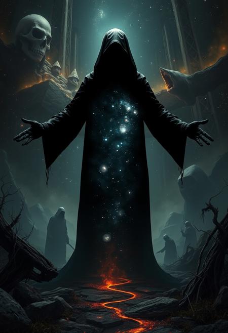A universe inside a dark cloaked figure within mysterious landscape in an unfathomable realm of fantastic creation inhabited by ancient shadows of a forgotten time beyond the gate of the gateless gate where life is limitless, light is shadow and shadow is light, eerie sense, horror, spark of the beginning, existence and nonexistence at once, ethereal, outstretched arms, behold the end of the beginning