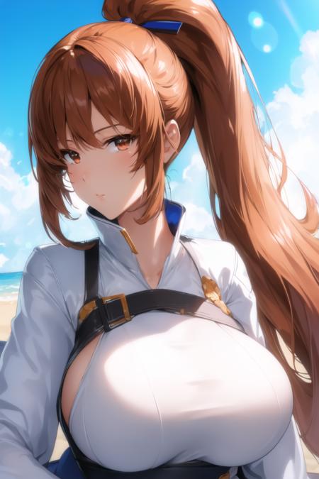 (day:1.7), cloud, beach,blue sky,
Standing at attention,
bikini,jacket,wide sleeves,White_uniform,White_outfit,black legwear,japanese clothes, blue scarf,
<lora:Aya_Kujyou_Final_Gear-KK77-V1:0.85>,
brown eyes, brown hair,bangs, Long_hair, Red_eyes,ponytail, white ribbon,
1 girl, 24yo,mature female,Beautiful Finger,Beautiful long legs,Beautiful body,Beautiful Nose,Beautiful character design, perfect eyes, perfect face,
looking at viewer, in the center of the image,focus on face,
NSFW,official art,extremely detailed CG unity 8k wallpaper, perfect lighting,Colorful, Bright_Front_face_Lighting,
(masterpiece:1.0),(best_quality:1.0), ultra high res,4K,ultra-detailed,
photography, 8K, HDR, highres, absurdres:1.2, Kodak portra 400, film grain, blurry background, bokeh:1.2, lens flare, (vibrant_color:1.2)
(Beautiful,Large_Breasts:1.2), (beautiful_face:1.5),(narrow_waist),