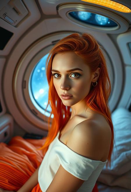 A petite, 21-year-old model with striking orange hair and freckles gazes intensely at the viewer from a futuristic spaceship bedroom. Her big, lustful dark eyes and detailed skin radiate beauty. Dressed in a white crop top and pleated orange skirt, she embodies boho hipster vibes. The scene is illuminated by soft, ambient lighting, with a porthole revealing a starry space backdrop.
