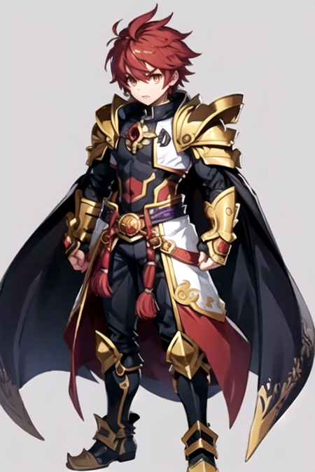 <lora:JinKaien-10:0.745> , jingc, solo, looking at viewer,  1boy, standing, full body, yellow eyes, male focus, red hair, cape, armor, spiked hair, gauntlets, black armor