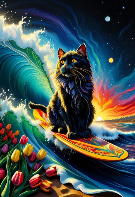 A dynamicoil painting of a cat Surfer, with metallic shimmering fur, riding barefoot his majestic board through a (cosmic wave made of tulip:1.5) background. Include a golden sun and a glowing star. Use strong light and shadow contrasts and hatching to emphasize the movement and drama of the scene. The cat Surfer should be placed centrally in the composition, with bold lines and intense colorfull tones to highlight his powerful pose and the expansive scenery, (a wave made of tulips:1.5),
This style merges comic-book boldness with classic animation’s charm. Characters have sharp, inked outlines, dramatic shadows, and fluid curves, moving with cartoonish elasticity but striking graphic-novel poses.
Backgrounds resemble painted storybooks—watercolor forests or ink-washed cities—lit by high-contrast drama. Deep blacks meet vibrant colors, blending grit and whimsy.
The palette shifts from moody monochrome to dreamlike hues, evoking noir comics and vintage animation. Each frame balances graphic rawness with hand-drawn polish, feeling nostalgic yet fresh—a fairy tale through a pulp-adventure lens.