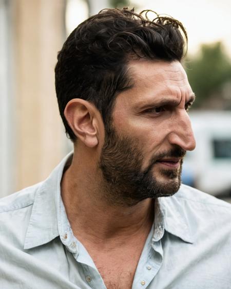 <lora:Fares_Fares:0.8> profile side view face close-up (Fares Fares:1.3) age 35 wearing open unbuttoned shirt,  short grease hair, t-shirt, natural lighting, sunlight, 4k uhd, dslr, soft light, high quality, Fujifilm XT3