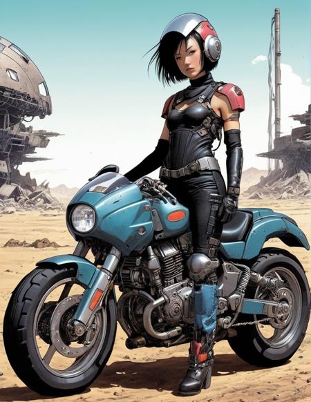 <lora:Akira_Toriyama_vehicle:1>  1girl, cyberpunk motorcycle, shoulder-length bob, cyberpunk bodysuit, helmet, beautiful, sexy, cute, manga, hand drawing, full colour, wasteland background, <lora:add-detail-xl:1.2>, super detailed, complex, akira toriyama style, vehicle design