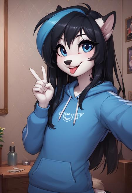 score_9, score_8_up, score_7_up, score_6_up, best quality, masterpiece, detailed, girly bedroom, detailed background, 1girl, solo, anthro dalmation, white fur with black spots, anthro, long hair, multicolored hair, black hair, blue highlights, large blue hoodie, petite body, slim, perfect face, sexy, selfie, taking selfie, tongue out, peace sign, smile