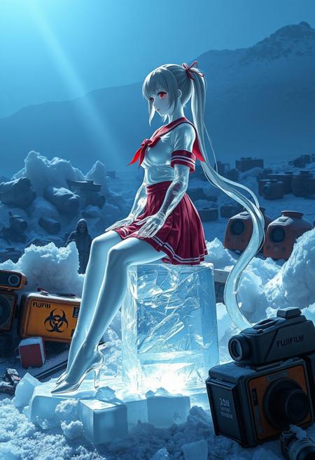 A breathtaking ice sculpture in a vast post-apocalyptic wasteland, featuring an anime schoolgirl carved from pristine, translucent ice with crystalline clarity. The figure sits gracefully on a frozen industrial debris, one long, elegant leg extended, the transparent ice capturing the ethereal beauty of her porcelain-like skin. Her traditional Japanese sailor uniform with white top and red pleated skirt appears frozen in time, with delicate ice crystals forming along the edges. Her long gray-blue twin tails, tied with red ribbons, seem to float in a perpetual winter breeze, while her red eyes are crafted from specially colored ice that catches the light dramatically. The surrounding environment is a haunting frozen wasteland, with mountains of frost-covered gas masks, iced-over biohazard containers, and vintage electronics entombed in layers of ice and snow. Rusted Fujifilm containers and mechanical debris peek through the crystalline formations. The entire scene is illuminated by a cold, bluish light that refracts through the ice sculpture, creating rainbow prisms and ethereal light patterns. Steam rises from patches of ground, adding an eerie atmosphere to the frozen apocalyptic scene. Photorealistic ice textures with subsurface light scattering, 8K resolution, cinematic lighting with emphasis on translucency and reflection, shallow depth of field focusing on the ice figure.
