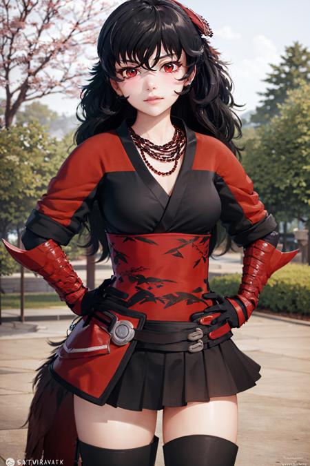 (masterpiece, best quality:1.2), <lyco:rwby_branwen-10:1.0>, cowboy shot, solo, 1girl, raven branwen, expressonless, looking at viewer, hand on hip, armor, skirt, thighhighs, (gloves:1.1), necklace