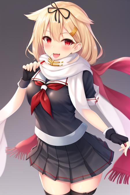 masterpiece, best quality, highres, solo, {yuudachi_kantaicollection:1.10}, blonde_hair, long_hair, ribbon, hair_ribbon, hair_ornament, hair_flaps, hairclip, red_eyes, black_ribbon, smile, serafuku, blush, breasts, 1girl, gloves, scarf, school_uniform, skirt, fingerless_gloves, pleated_skirt, looking_at_viewer, open_mouth