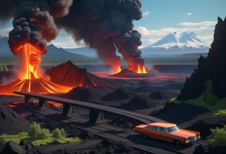 A Landscape Of Fire And Brimstone, Cooling Lava, And A Cruise Ship Half Buried withIn The Lava, created in a detailed matte painting style with deep, rich colors and intricate details, painted in vivid, photorealistic detail, reminiscent of the fantastical worlds of Simon Stålenhag, Syd Mead, and Ash Thorp, with a focus on complementary colors, matte painting textures, and intricate, high-poly details, as if plucked straight from an Unreal Engine 5 showcase, trending on Artstation, in stunning 8k resolution.