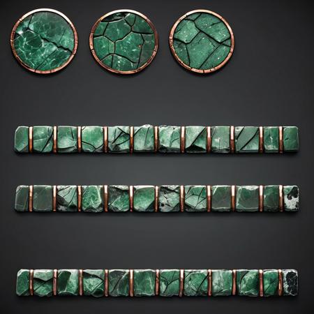 Hyper-realistic, detailed, intricate, flat texture, game item, dark-green-gray stone round bar with copper edges, centered, simple black background