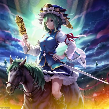 1girl, Eiki Shiki green hair, blue dress, wearing a hat, holding the rod of remorse <lora:Eiki Shiki:1>  riding a horse, cactus background, best quality, hyper detailed, beautifully detailed, dramatic lighting