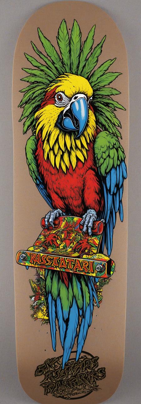 Jimbo Phillips Sk8 Art XL rastafari parrot  skateboard art <lora:Jimbo_Phillips_Sk8_Art_XL:1>