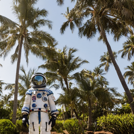 a man in a space suit standing in front of palm trees