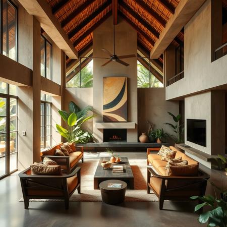interior of a living room of a brutalist architecture style house,  tropical jungle Bali style