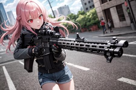 masterpiece,best quality, lens flare, depth of field, (close-up:1.1), (wide shot, fisheye:0.85), face focus, official art,extremely detailed CG unity 8k wallpaper,  illustration,face focus,

1girl ,long hair, pink hair, red eyes, standing, holding weapon, holding carbine, aiming,
gray hoodie, denim shorts, black thighhighs, sneakers, 
shiny hair, shiny skin, shiny eyes,

gun, h&k hk416, carbine, open fire, firing,

sunny,blue sky,cloudy sky,city,street,road sign, skyscrape,

 <lora:HK416:0.8>