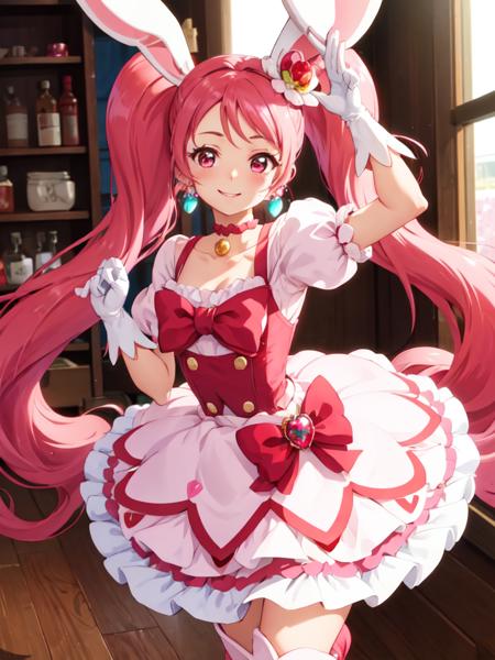 cure whip twintails, pink dress, hair ornament, white gloves, pom pom earrings, pink choker, red boots