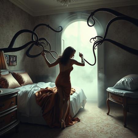 Beautiful lady pulled by alien long tentacles holding her wirsts  from her bedroom  bed toward portal in the wall, opened  to alien spacesip chamber  by alien tentacles, struggling  to break free. Fog streaming from the portal. Rich satin nightgown, elegant high heels, weird foil pillows,