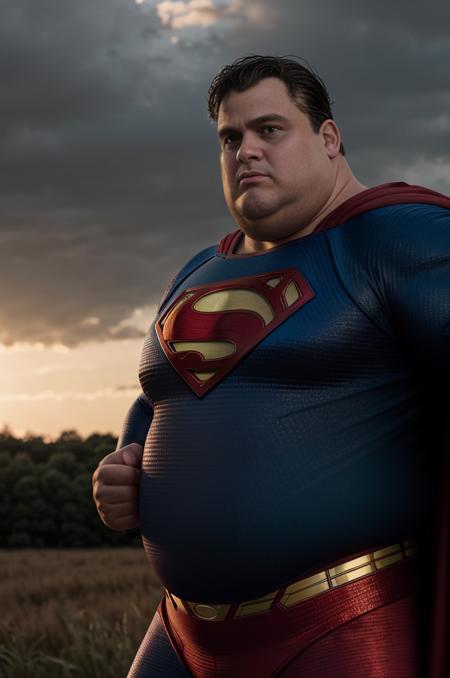 cinematic film still hyper realistic, a fat middle-aged man, (dressed as Superman:1.2), in the background an open field, sunset <lora:weight_slider_v2:2> <lora:curly_hair_slider_v1:5> . shallow depth of field, vignette, highly detailed, high budget Hollywood movie, bokeh, cinemascope, moody, epic, gorgeous, film grain, grainy