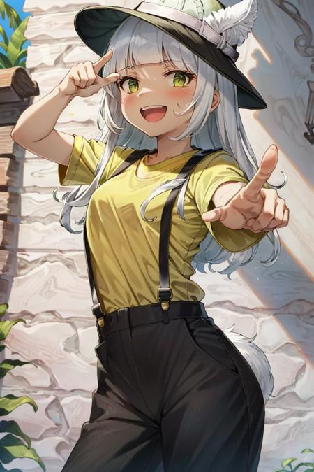 <lora:Ochette:0.8>, Ochette, 1girl, green eyes, (yellow shirt:1.5), black pants, (black suspenders), (white trilby hat:1.5), pointing, :D, masterpiece, best quality,