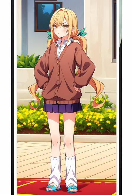 <lora:KaraneIndaV1:0.6>,KaraneInda,1girl,solo,v-shaped eyebrows,low twintails,long hair,blonde hair,orange hair,bangs,green hair bow ribbon,hair between eyes,yellow eyes,
collarbone,wing collar,open collar,collared shirt,white dress shirt,brown cardigan sweater,buttons,puffy long sleeves,purple pleated miniskirt,white loose socks,
blue footwear,slippers,outdoors,clenched hands,<lora:add_detail:0.3>,<lora:è°æ´colorful_V1_lbw:0.3>,, Exquisite visuals, high-definition,masterpiece,best quality,Exquisite visuals,high-definition,masterpiece,best quality,18yo,Young female,Beautiful Fingers,Beautiful long legs,Beautiful body,Beautiful character design,