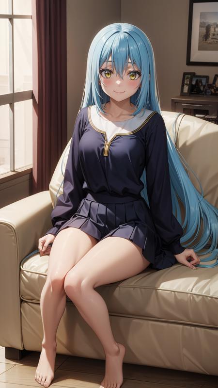 (masterpiece, best quality), ray tracing, absurdres, HDR, rimuru tempest, coleus, light blue hair, 1girl, long hair, yellow eyes, breasts,cowboy shot, looking at viewer, ,smile, long sleeves, bangs, sitting,, closed mouth, skirt, hair between eyes, solo,barefoot , full body,blush,indoors,living room,sofa,<lora:rimuru coleus_v3:0.7>