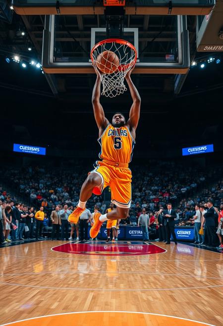 A sideline photo at a basketball game captures the peak of a dunk—legs splayed mid-air, ball grasped in both hands, rim bent from force. The player’s face is lit with intensity, eyes locked on the target. Fans are on their feet behind him, frozen in awe, while teammates and coaches blur along the periphery. The hardwood court glows under the arena lights, rich with reflections of motion and sweat. Shot from above, the composition centers the rim and the airborne athlete, creating a perfect circle of motion and drama. The vibrant uniforms pop against the neutral court, turning the instant into a masterpiece of human flight.