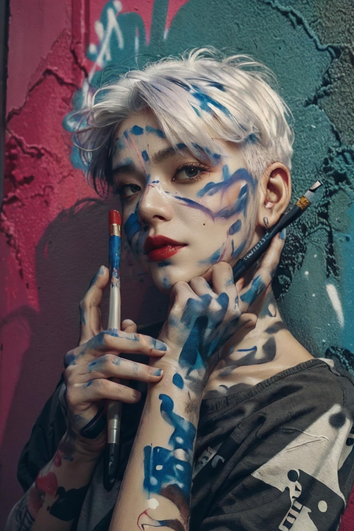 A woman with blue paint on her face and holding a paintbrush.