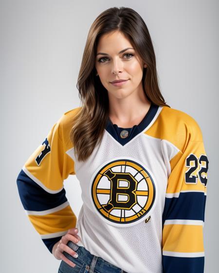 <lora:katnolanv2:0.7>, raw photo, three quarter shot, katnolanv2 wearing a boston_bruins hockey jersey, neutral background, studio lighting, sharp focus, detailed skin texture, 4k textures, even lighting, well lit, rich colors, looking at viewer, body facing camera, straight on shot, smirk