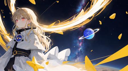 masterpiece, best quility, high_quality, high_resolution, masterpiece*portait, 1girl, stella, saturn \(planet\), grey + red eyes, [brown|gray] + (yellow:0.35) hair, long hair, plant,  galaxy, stars, full body, ring, star earrings, expressionless, glowing eyes, glow, glitter, glowing white particles, night sky, space, wind lift,