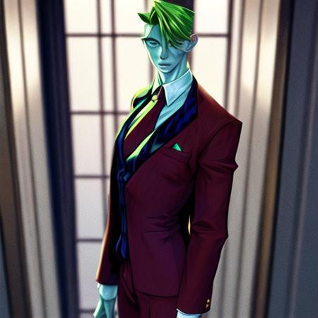 evang, 1man, solo, upper body, loidforger man with light green three-piece suit with a red tie run in corridor palace germany, blonde, blurry background, dramatic, dynamic pose, spy x family, secret agent, bokeh