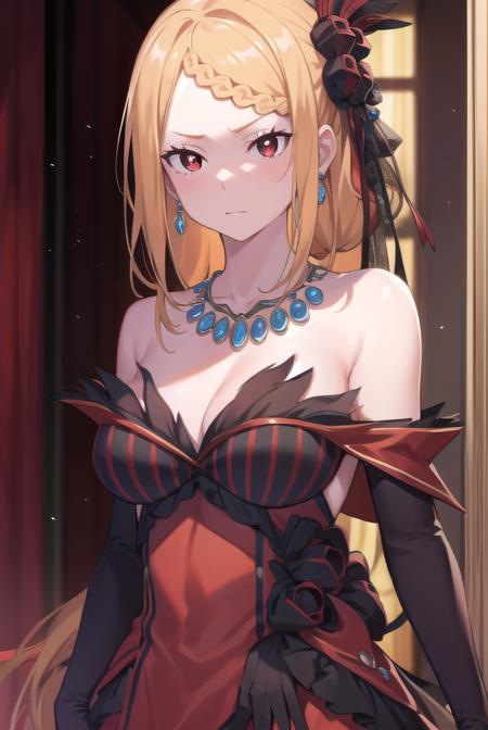 priscilla barielle, long hair, blonde hair, (red eyes:1.5), braid, single braid, braided bangs, one side up, hair ornament, gloves, dress, bare shoulders, jewelry, pantyhose, earrings, black gloves, necklace, high heels, red dress, red footwear, bridal gauntlets,