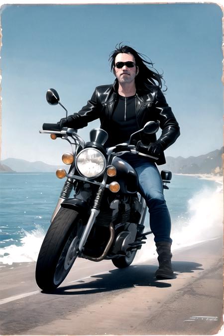 masterpiece, best quality, high quality, highres,looking at viewer, straight-on, 
ARTSTYLE_EsadRibic_ownwaifu, www.ownwaifu.com, 1boy, beard, black hair, facial hair, gloves, ground vehicle, jacket, leather jacket, male focus, motor vehicle, motorcycle, ocean, on motorcycle, realistic, retro artstyle, riding, solo, traditional media, solo, shirt, black hair, 1boy, jacket, male focus, open clothes, pants, open jacket, black jacket, sunglasses, ground vehicle, motor vehicle, leather, motorcycle, leather jacket
traditional media 
<lora:ARTSTYLE_EsadRibic_ownwaifu-15:0.8>