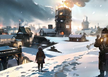 snow-covered city, ruins, fire, winter, cold, fear  <lora:frostpunk:0.8>, frostpunk