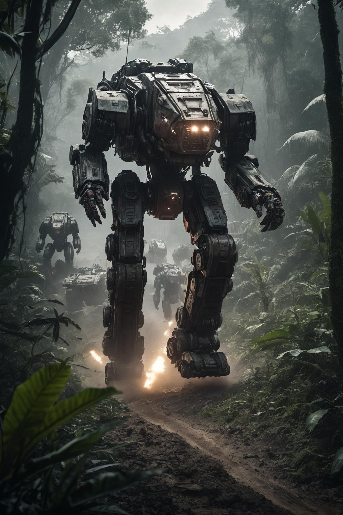 A group of robots walking through a forest, with one robot in the front taking the lead.