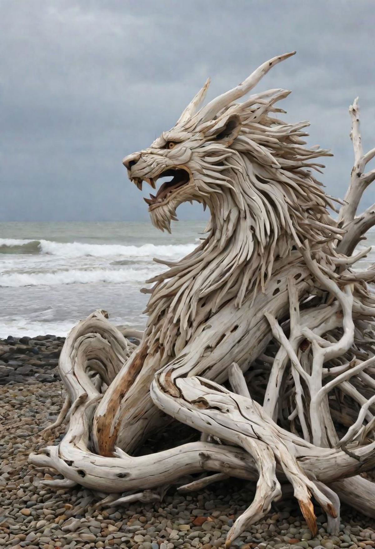 A large wooden lion sculpture sits on a pile of rocks near the ocean.