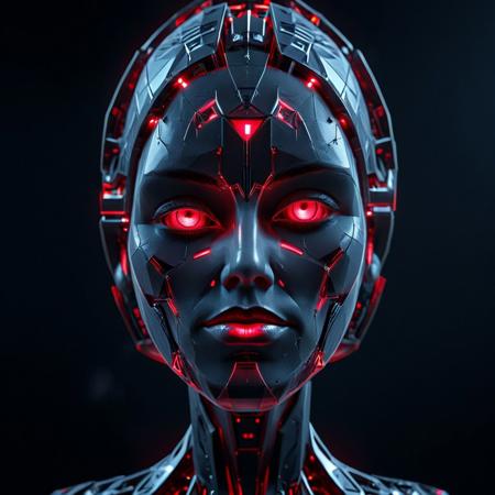 rp_slgd Photography of a 7-B1, portrait+ style, symmetrical face front view, hyperrealistic render metal details, beautiful glowing portrait of 7-B1 with bio-mechanics, high contrast, 8k photographic style, matte painting