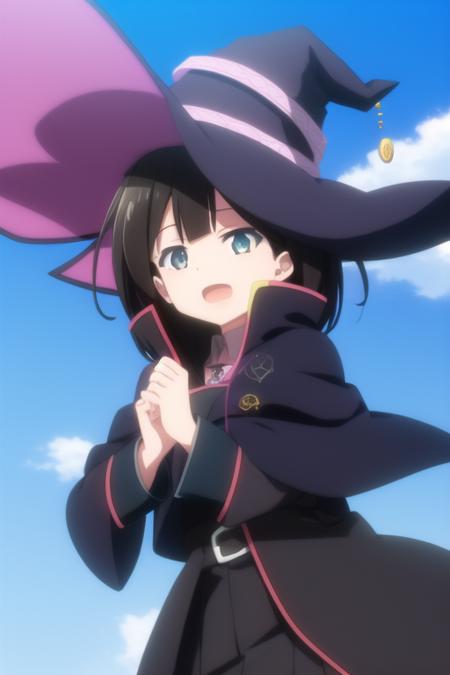 masterpiece, best quality, 1girl, saya \(majo no tabitabi\), witch hat, sky, blue sky, open mouth