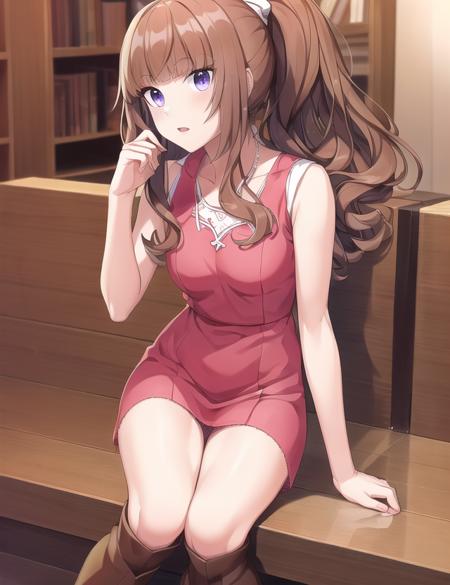 ultra high quality illustration, anime, high quality , 8k, masterpiece, realistic human female, realistic proportions, detailed face, smooth soft skin, realistic dreamy eyes, beautiful intricate colored hair, symmetrical, intricately detailed hair, soft lighting, detailed eyes, beautiful, (looking at the viewer), smooth skin, perfect skin, (beautiful detailed face), Akagawa Chisa, (short dress), (thigh boots), (kneehighs), ponytail,