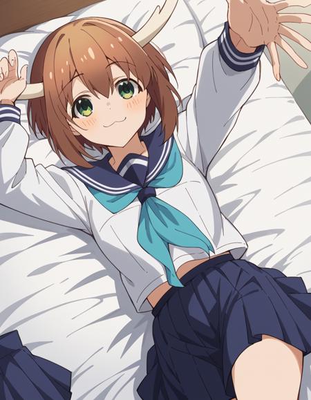 noko shikanoko, short hair, bangs, brown hair, hair between eyes, green eyes, horns, skirt, shirt, long sleeves, school uniform, white shirt, pleated skirt, serafuku, sailor collar, blue skirt, neckerchief, blue sailor collar,