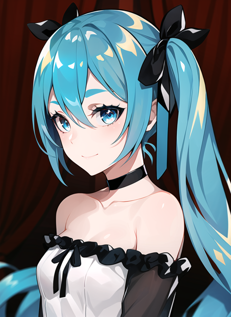 lam \(ramdayo\), hatsune miku, 1girl, black choker, black ribbon, blue eyes, blue hair,  blurry, blurry background, breasts, choker, closed mouth, curtains, depth of field, dress, eyebrows hidden by hair,    hair between eyes, hair ribbon,  long sleeves, looking at viewer, off-shoulder dress, off shoulder, ribbon, small breasts, solo , twintails, upper body, white dress, ((masterpiece)) <lora:lam__ramdayo__offset:1>