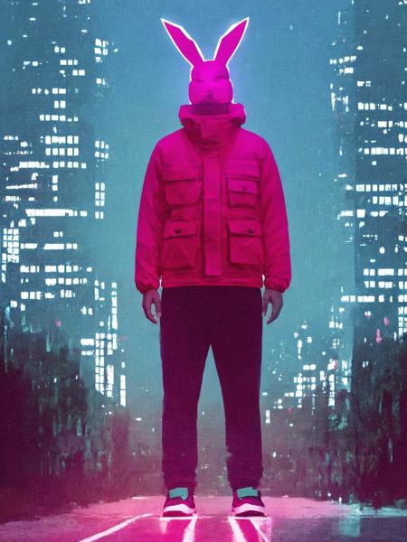 SoftSorrowStyle, solo, 1boy, standing, jacket, full body, male focus, outdoors, sky, pants, night, glowing, animal, black pants, building, night sky, red jacket, 1other, rabbit, silhouette, glitch <lora:SoftSorrowStyle:0.7>