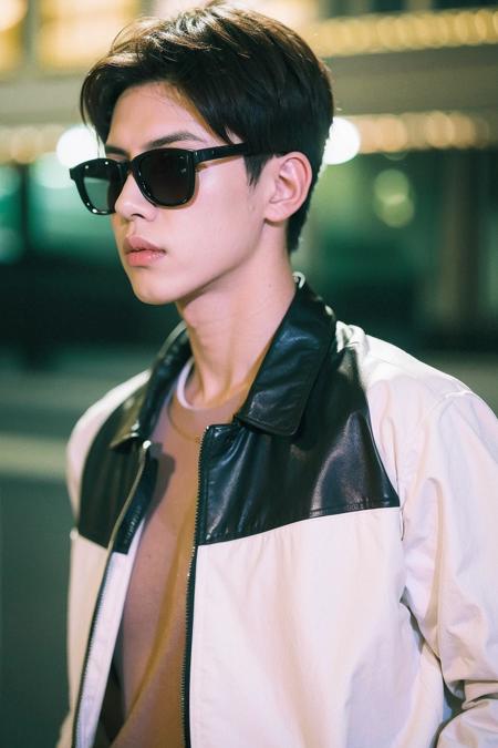 Best Quality,Masterpiece,Ultra High Resolution,(Realisticity:1.4),Original Photo,Cinematic Lighting,
1 boy,HONGKONG, solo, male focus, sunglasses, brown hair, jacket, shirt, blurry background, blurry, upper body, white shirt, realistic, short hair, leather jacket, black jacket, leather, artist name