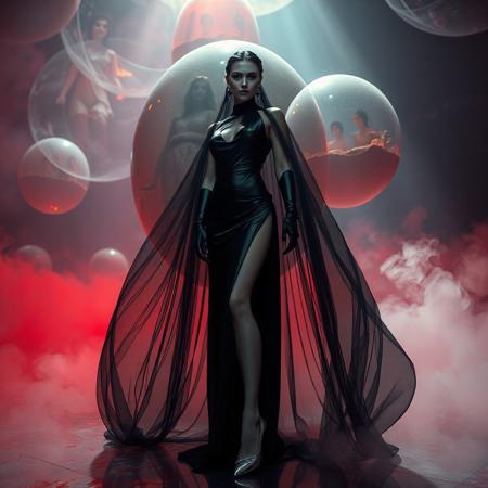 noble norvegian femme fatal lady  posing standing wearing evening GLOSSY THIN black slime high slit gown, GLOVES  and high heels,   entrapped in  giant long waving  ultrathin transparent fisnet veils, surrounded by  red and white fog from the floor, captured in light beam from celling,  giant slime covered transparent eggs  with encased ladies at background, breeding chamber,  ultrathin waisT, HORROR,  reminiscent of H.R. Giger, Zdzisław Beksinski, and Ash Thorp's dark, sleek styles, with close-up glamour photography, glossy satin and silver heels glistening, fleshy slime dripping, and dark shadows.
