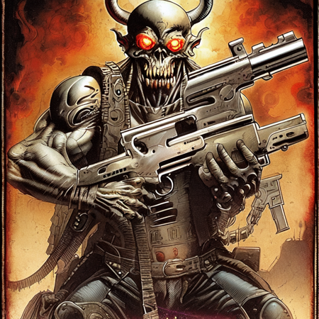 0 photo, demonic looking demon holding a machine gun in one hand (martianwarlord:1)