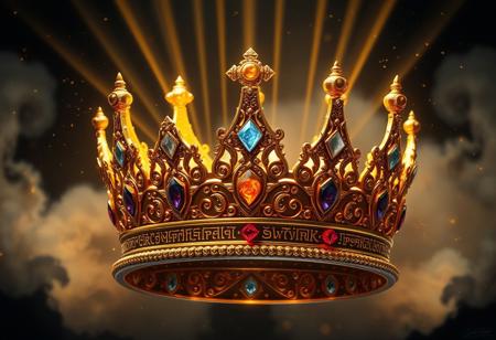 ancient golden crown, adorned with glowing gemstones, pulsating with forgotten power, intricate filigree designs across the surface, divine aura, soft glowing runes encircling the base, radiant energy emanating from within, soft magical light reflecting off polished gold, high resolution, photorealism, ((masterpiece)), floating in mid-air, surrounded by soft mist, cosmic stardust cascading from the crown, mysterious and regal, revered artifact, ancient and powerful, whispers of lost kings echoing in the air, golden beams of light extending from the crown
