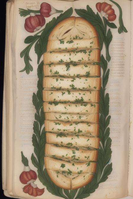 garlic bread by  VoynichManuscript <lora:VoynichManuscript:1>