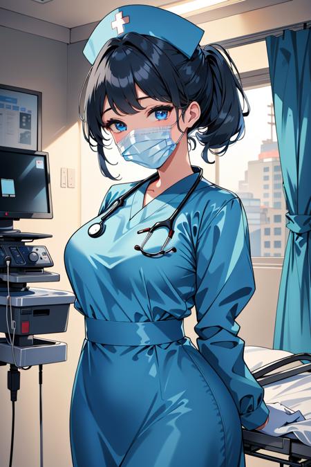 ((masterpiece, best quality,lower_body)), operating table,medical monitors,hospital bed,  <lora:surgical_nurse_v1:0.8> (surgical_nurse_v1.0, nurse cap, nurse, latex, stethoscope, latex gloves, surgical mask,long dress), <lora:Kaede Sakata:0.7> (1girl, 3dcg 07, black hair, blue eyes, curtained hair, kaede sakata, low twintails, medium breasts, parted bangs, ponytail, short hair, solo, twintails),