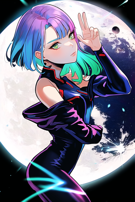 magion02 <lora:magion02_offset:1>, lucy \(cyberpunk\) <lora:lucy_offset:1>, 1girl, blue hair, bodysuit, cyberpunk, cyborg, expressionless, green eyes, head rest, looking to the side, moon, multicolored hair, off-shoulder jacket, off shoulder, parted bangs, purple hair, red eyeliner, red lips, reflection, short hair, solo, cyberpunk edgerunners , (masterpiece)