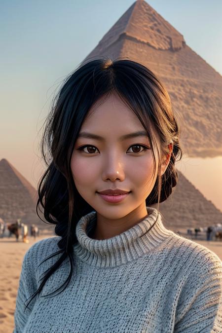 photo of beautiful (EPV4r13tygurlV2:0.99), a woman with perfect hair, hair upsweep updo, wearing (gradient Chunky Knit Sweater :1.1), (standing at Pyramids of Giza - Egypt  :1.1), modelshoot style, (extremely detailed CG unity 8k wallpaper), professional majestic photography, (smile), ((upper body)), (camera), 24mm, exposure blend, hdr, faded, extremely intricate, High (Detail:1.1), Sharp focus, dramatic, soft cinematic light, (upper body), (looking at viewer), (detailed pupils), 4k textures, soft cinematic light, adobe lightroom, photolab, elegant, ((((cinematic look)))), soothing tones, insane details, hyperdetailed, low contrast("I've got a bad feeling about this.":1.1), ("In Jernau we trust!":1.1),