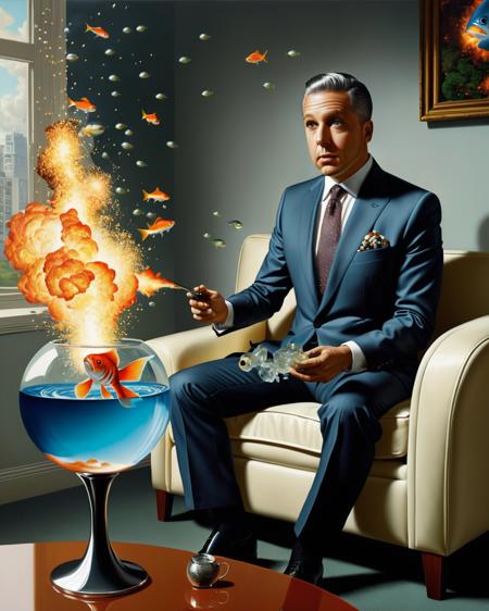 a man in a suit sitting on a couch with a fish bowl exploding next to him, Andrew Stevovich, promotional image, a hyperrealistic painting, hyperrealism, panfuturism , <lora:Photo_Fantasy:0.8>